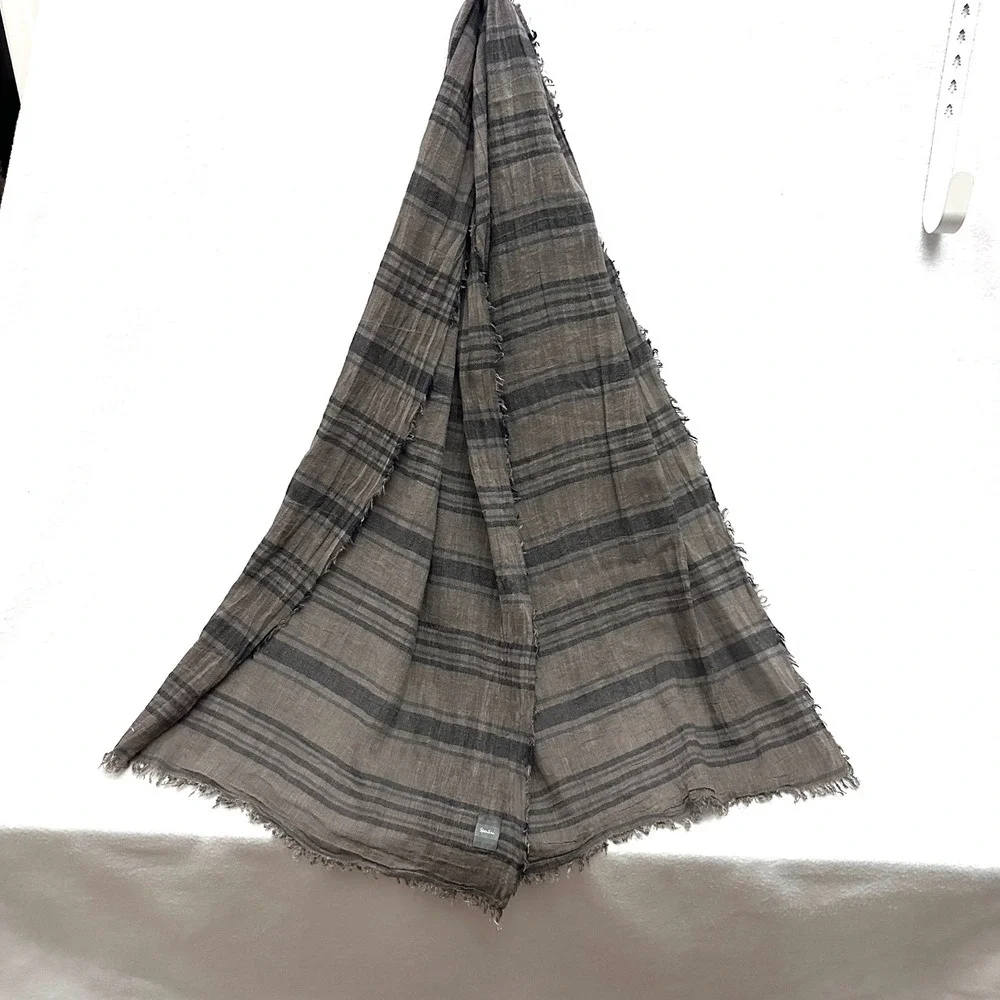 Spontini Paris Mens 17x70 Striped Scarf Brown Gray Frayed Edge Lightweight Gauze